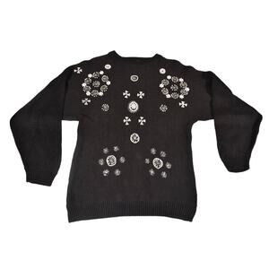 Vtg J J Fargo Black Beaded Pearls Pullover Dolman Sleeve Holiday Sweater Size M